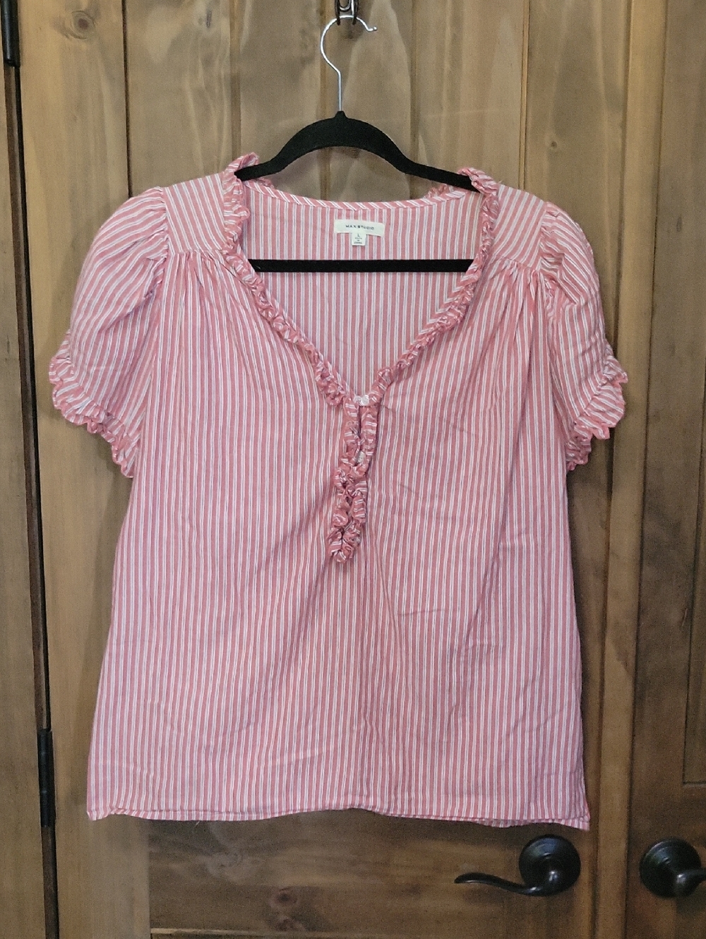 Max Studio Pink Striped Ruffle V-Neck Blouse